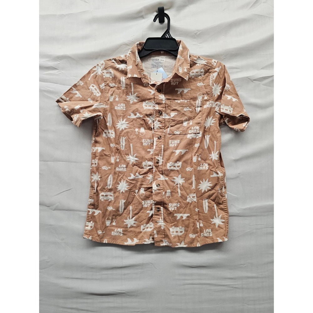 Cat & Jack Boys Adaptive Short Sleeve Shirt Brown Cotton Blend Casual Size Large